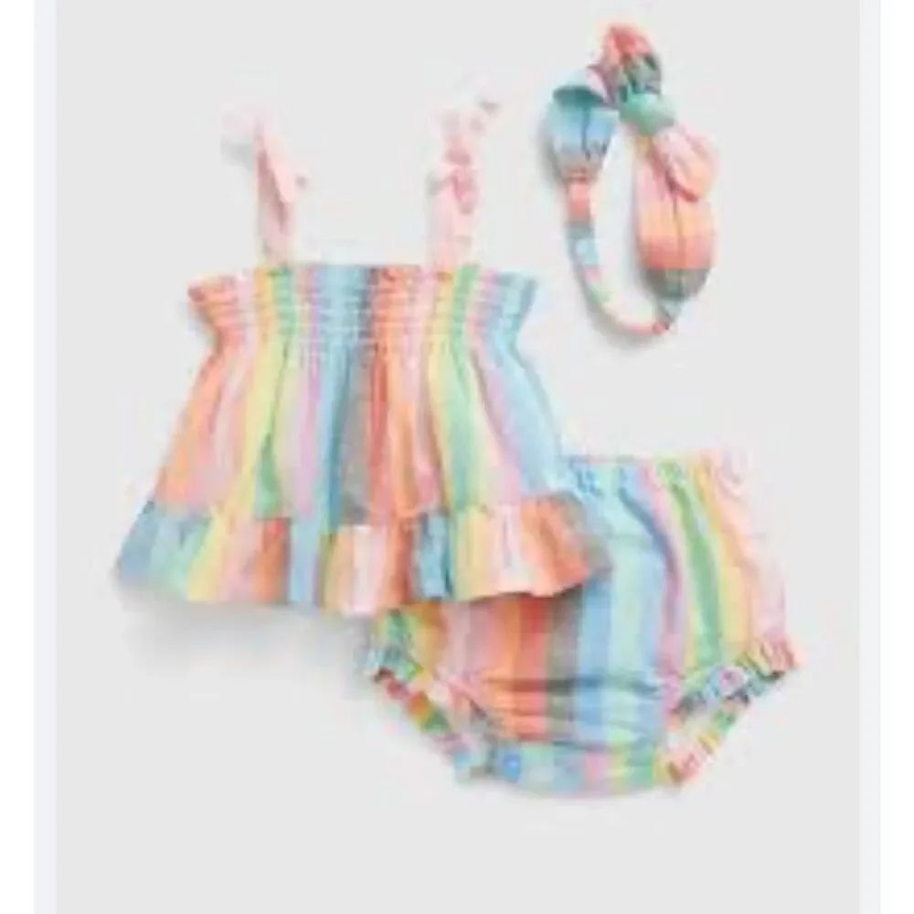 Gap baby linen cotton blend striped three piece outfit, 6/12 months